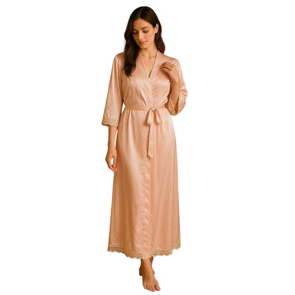 Natori Saks Fifth Avenue Classics Robe Pink Floral Embroidered Lace Trim LongS